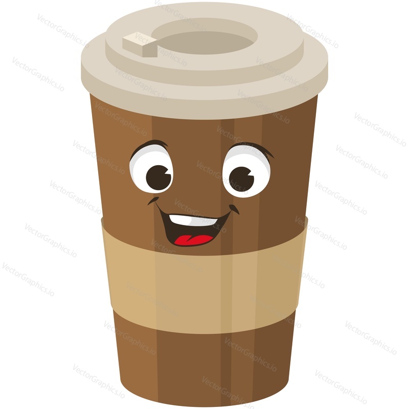 Кофейный персонаж мультфильм милая чашка счастливая улыбка кружка вектор лица. Горячий чай, латте или капучино забавный напиток на вынос, изолированный на белом фоне