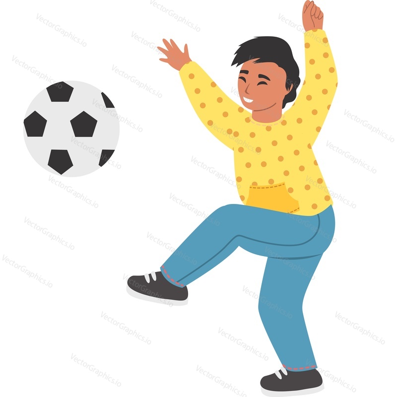 Happy smiling little boy playing football vector icon isolated on white background