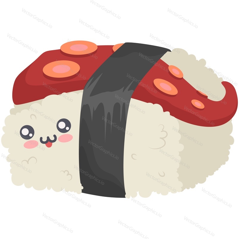 Kawaii sushi with octopus tentacle vector. Funny japanese food cute cartoon icon. Happy nigiri oriental seafood face isolated on white background