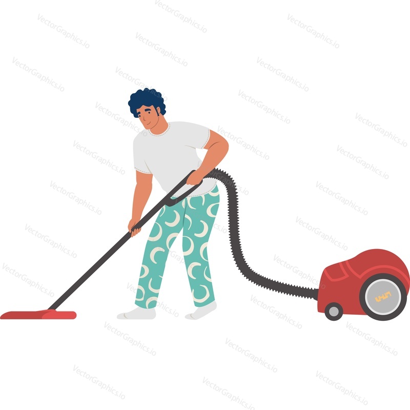 Housework man vacuuming carpet vector icon isolated on white background