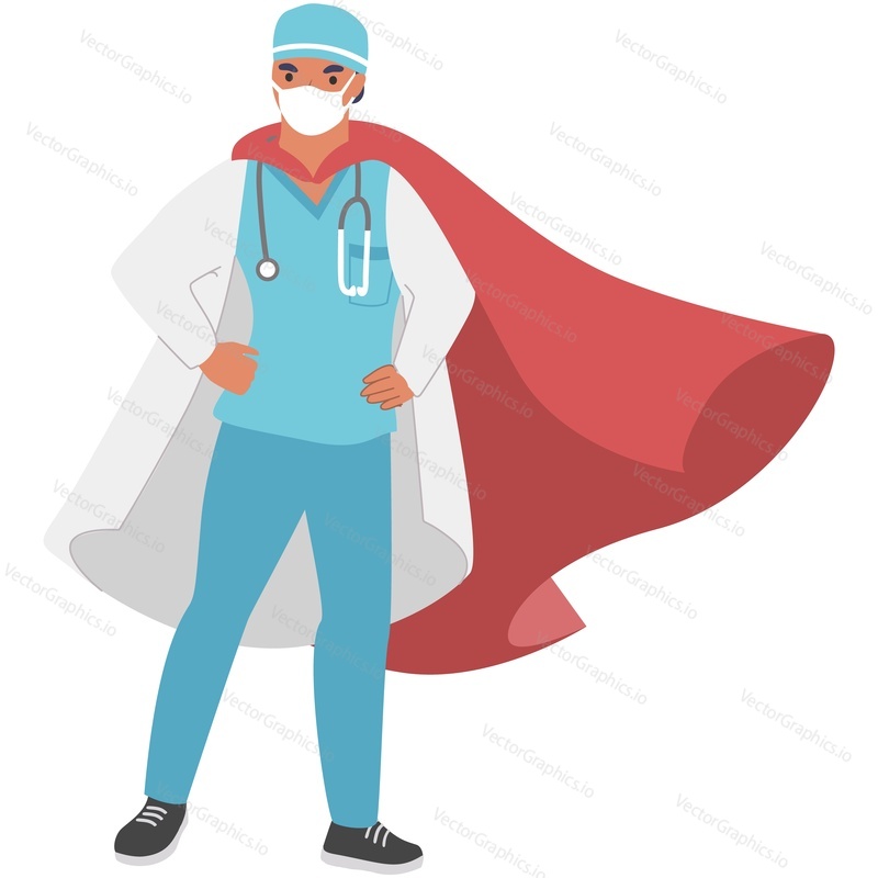 Doctor super hero vector. Brave man superhero medic character in cloak and medical mask fight disease, coronavirus pandemic isolated on white background