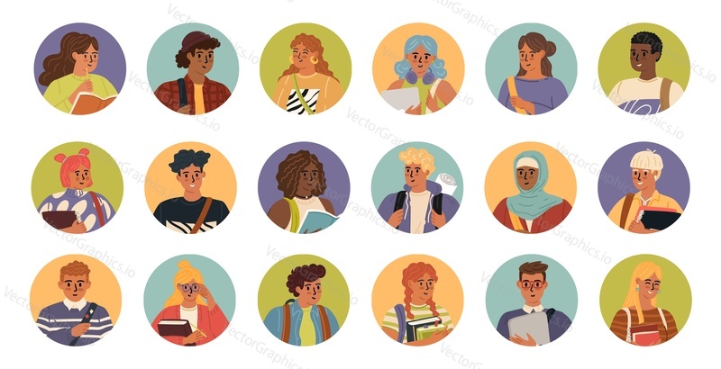 Diverse smart people round frame vector illustration. Clever male and female student avatar set isolated on white background. Icon collection with face portrait of cheerful guys and girls