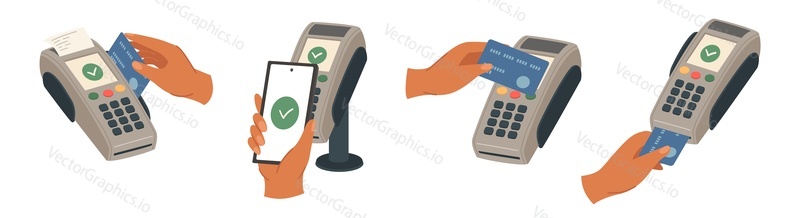Contactless payment with pos terminal service set isolated on white background. Electronic pay and bank transaction by credit card, mobile phone nfc technology vector illustration