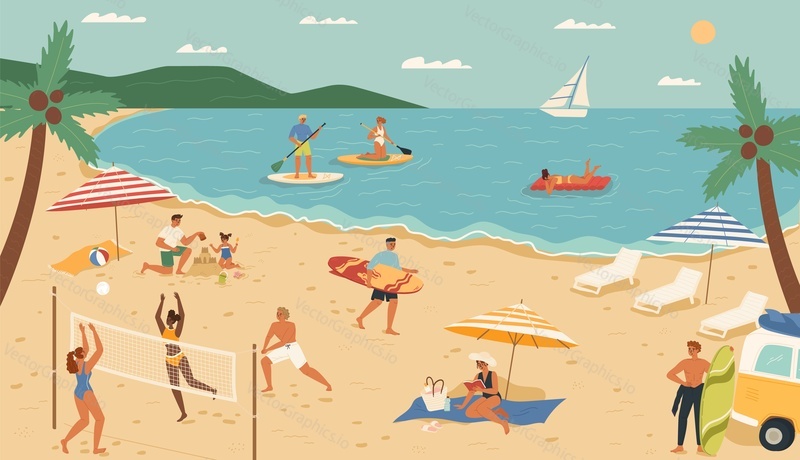 Young people, family resting on beach enjoying adventure on nature and active water sport vector illustration. Tropical seacoast landscape with happy characters during summer vacation