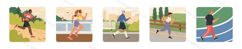 Sportive people runners cartoon vector card set. Young sportsman or sportswoman, adult jogger and senior active man characters exercising outdoor doing running physical exercise vector illustration