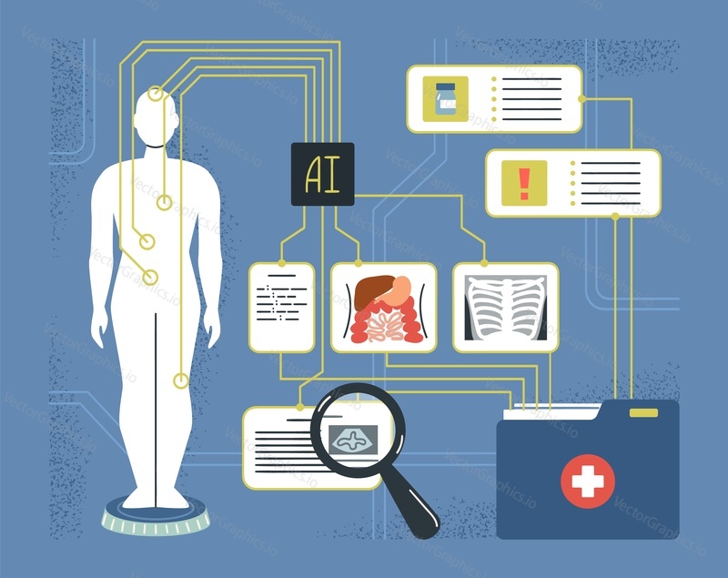 Futuristic laboratory for people health diagnosis with AI health care technology vector illustration. HUD medicine and artificial intelligence for patient examinations