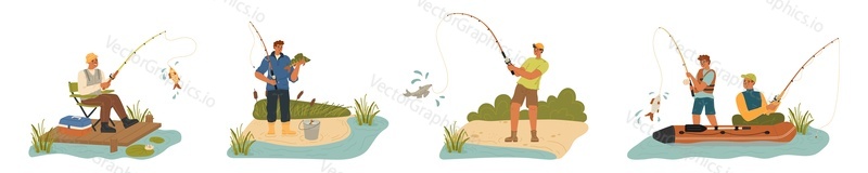 People fishing in pond, lake or river set. Young or adult single man, father and son catching fish with spinning rod vector illustration. Masculine hobby and recreation time