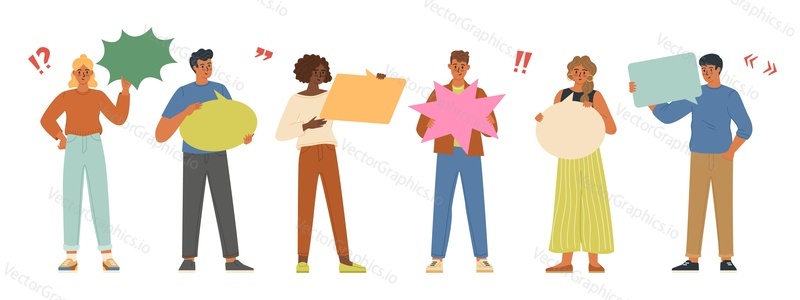 Diverse multiethnic young people characters holding speech bubble set. Man and woman of various races standing with social media network dialogue chat box in raised arms vector illustration