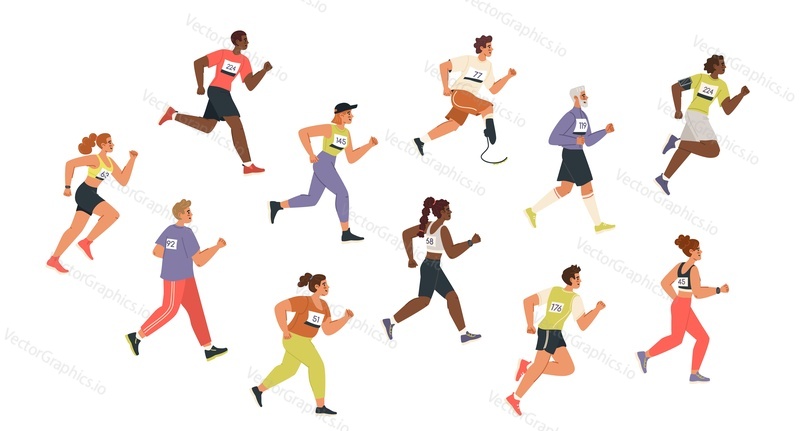 People runners cartoon characters set isolated on white background. Man and woman of different age, physical possibilities and various age jogging vector illustration