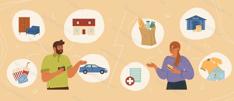 Married couple discussing family budget and savings looking for solution to spend money vector illustration. Man and woman thinking about finances for today life and future