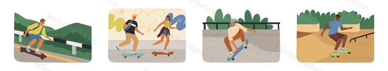 Teenage people cartoon characters skateboarding vector illustration isolated scene set. Young girl and guys enjoying active sport time in park with skate playground. Healthy recreation time for teens