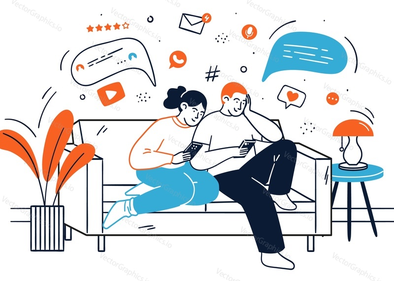 Young couple character using smartphone for communication online surfing internet and social media feed sitting on sofa at home vector illustration. Digital gadget addition concept