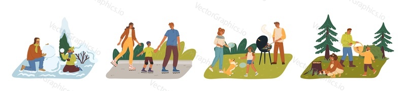 Happy family seasonal activity vector illustration. Parents and kids making snowman, roller skating, spending barbeque party, gathering mushrooms isolated scene set