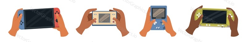Человек держит в руках портативный геймпад с цифровым экраном и нажимает кнопки, играя в популярные игры на экране, выделенном на белом фоне. Электронные устройства в руках геймеров - векторная иллюстрация