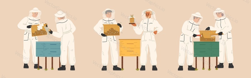 Мужские и женские персонажи мультфильмов, одетые в костюм пчеловода, извлекают мед из улья на векторной иллюстрации пчеловодческой фермы. Набор профессиональных пасечников, занятых пчеловодством