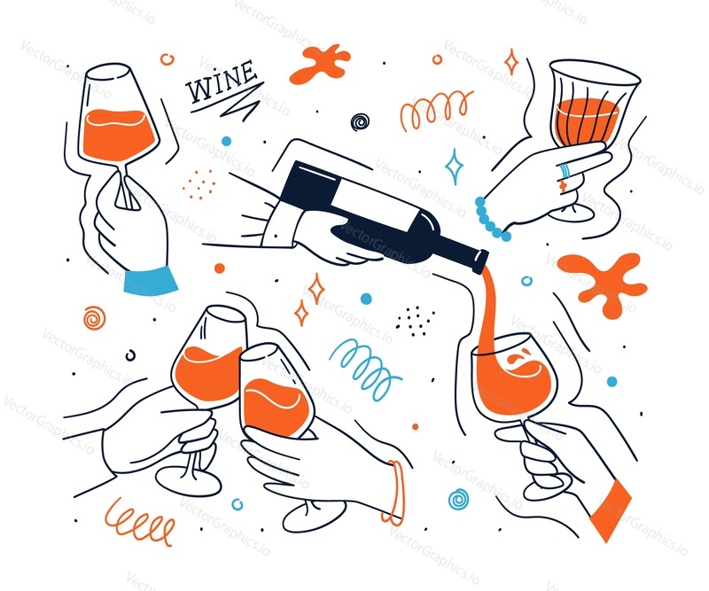 Wine scene with wineglass in human hands composition vector illustration. Alcoholic beverage drinking and holiday party celebrating design
