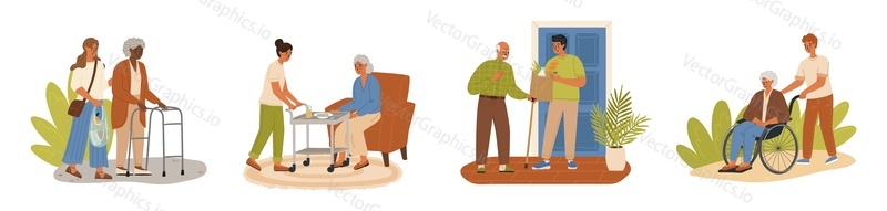 Пожилые люди и лица, осуществляющие уход за ними, персонажи мультфильмов, снятые в изолированной обстановке. Волонтеры и социальные работники, помогающие пожилым мужчинам и женщинам в повседневной деятельности, векторная иллюстрация