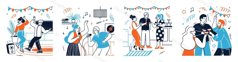 Happy people characters enjoying home party meeting together isolated scene set. Friends, loving romantic couple, married family pair celebrating holidays, having fun relaxation vector illustration