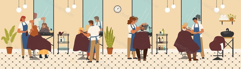 Hairdressing salon and barbershop studio vector illustration. Professional barber and hairdresser master doing haircut, hairstyling man and woman clients sitting on comfortable armchairs