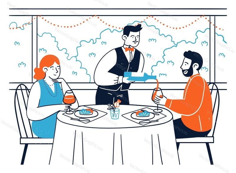 Loving couple drinking wine while rest in restaurant enjoying time together having romantic dating or celebrating valentine day holiday vector illustration