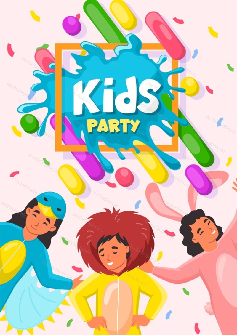 Kids party vector illustration with cartoon excited boys and girls wearing cute costumes happily jumping smiling and celebrating funny event