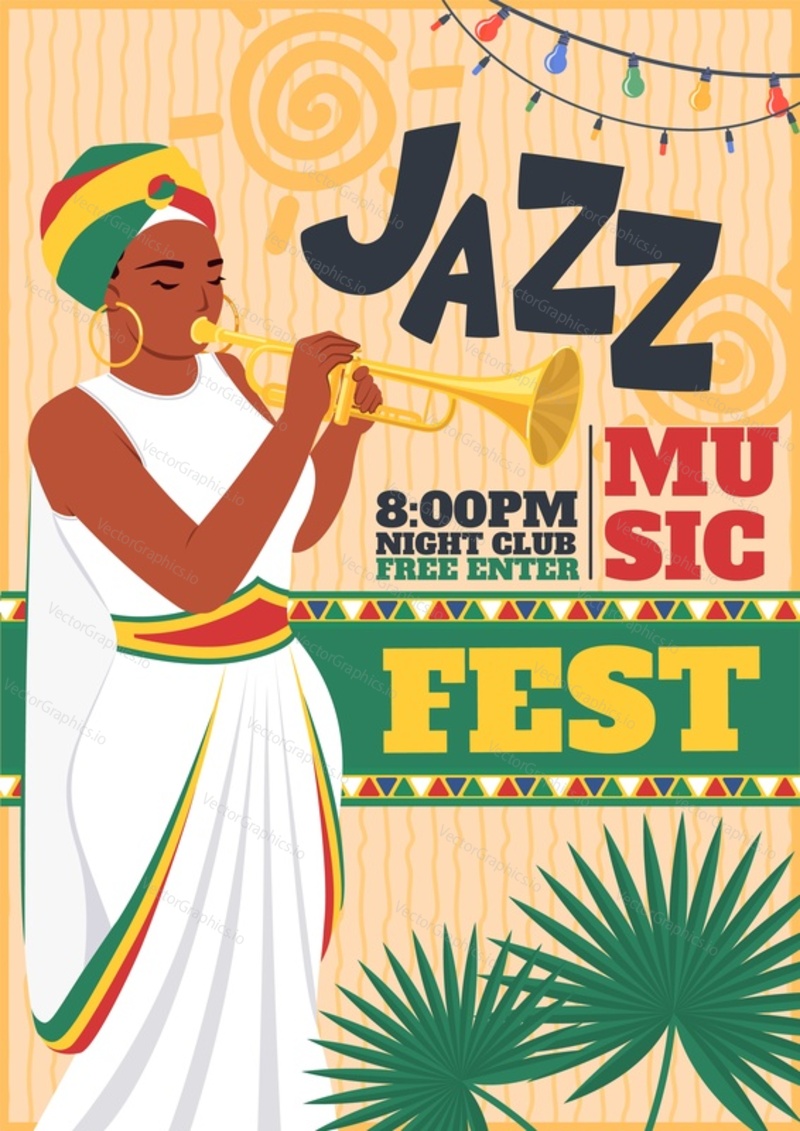 Jazz music fest promotion poster design template. Open concert event and blues festival advertising banner, brochure or flyer vector illustration