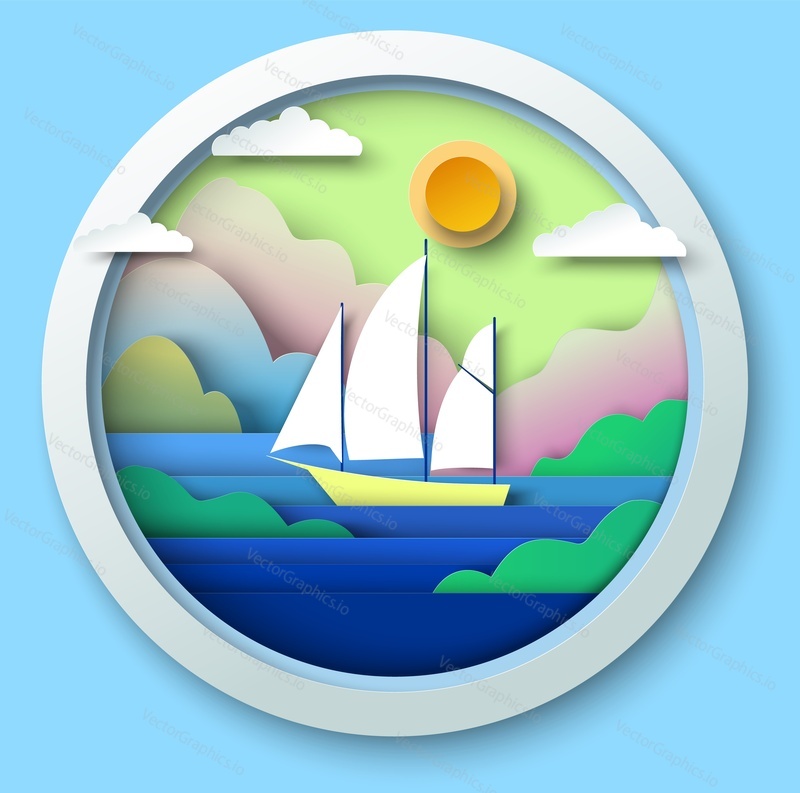 Yacht cruise at tropic resort papercut background template. Summer vacation travel advertising poster with sailboat in sea ocean water waves