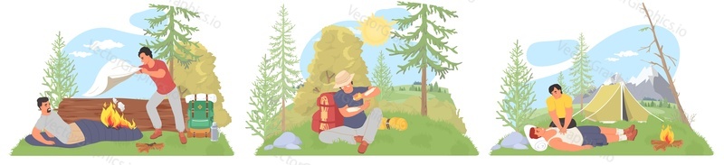 Camping travel accident and bad situation vector illustration. Traveler victim in trouble at campground scene set. Problem with health and fire ignition during outdoor trip on wild nature concept