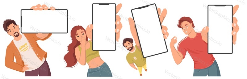 Люди, мультипликационные персонажи, держащие смартфон, показывающие пустой экран мобильного телефона, рекламирующие скидку на продажу, рекомендующие приложения, продвигающие новые технологии или интернет-коммуникации, набор векторных иллюстраций