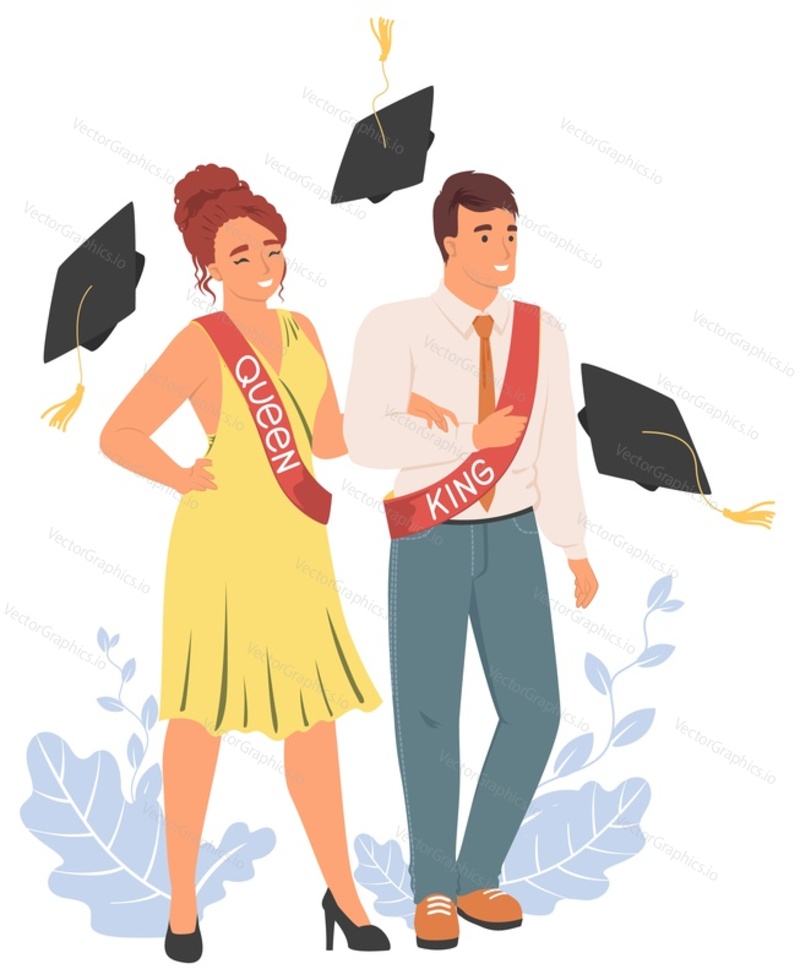 Promoce prom party s králem a královnou znaky na sobě elegantní šaty a oblek vektorové ilustrace. Veselý muž a žena postgraduální student Bakaláři pod házení akademický klobouk