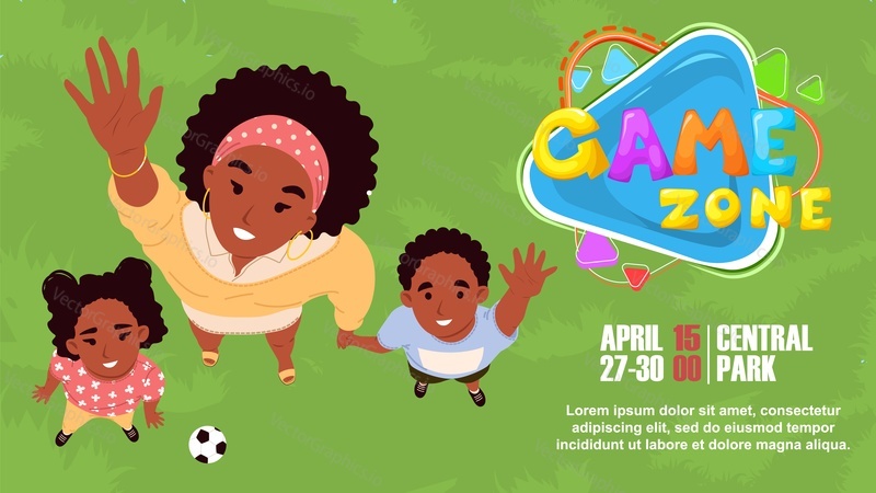 Игровая зона в центральном парке для счастливого отдыха детей пригласительный плакат, векторная иллюстрация шаблона дизайна мультфильма. Веселая мама с детьми весело проводят время на открытой игровой площадке