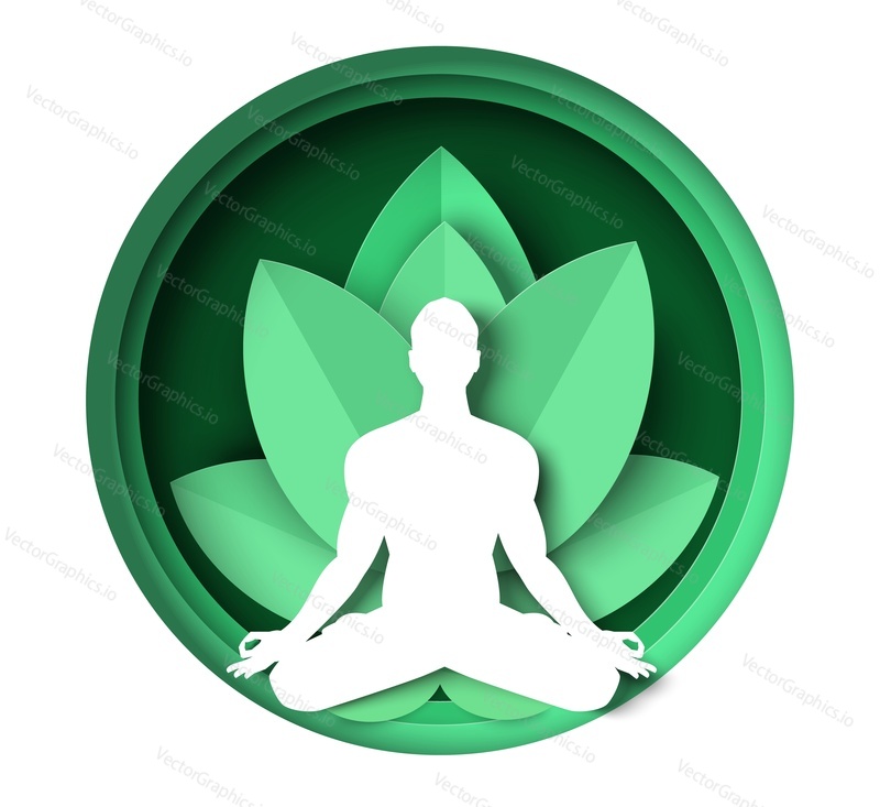 Human silhouette relax in yoga pose papercut vector illustration. Meditation and mindfulness spiritual practice, reiki stress relief and harmony concept
