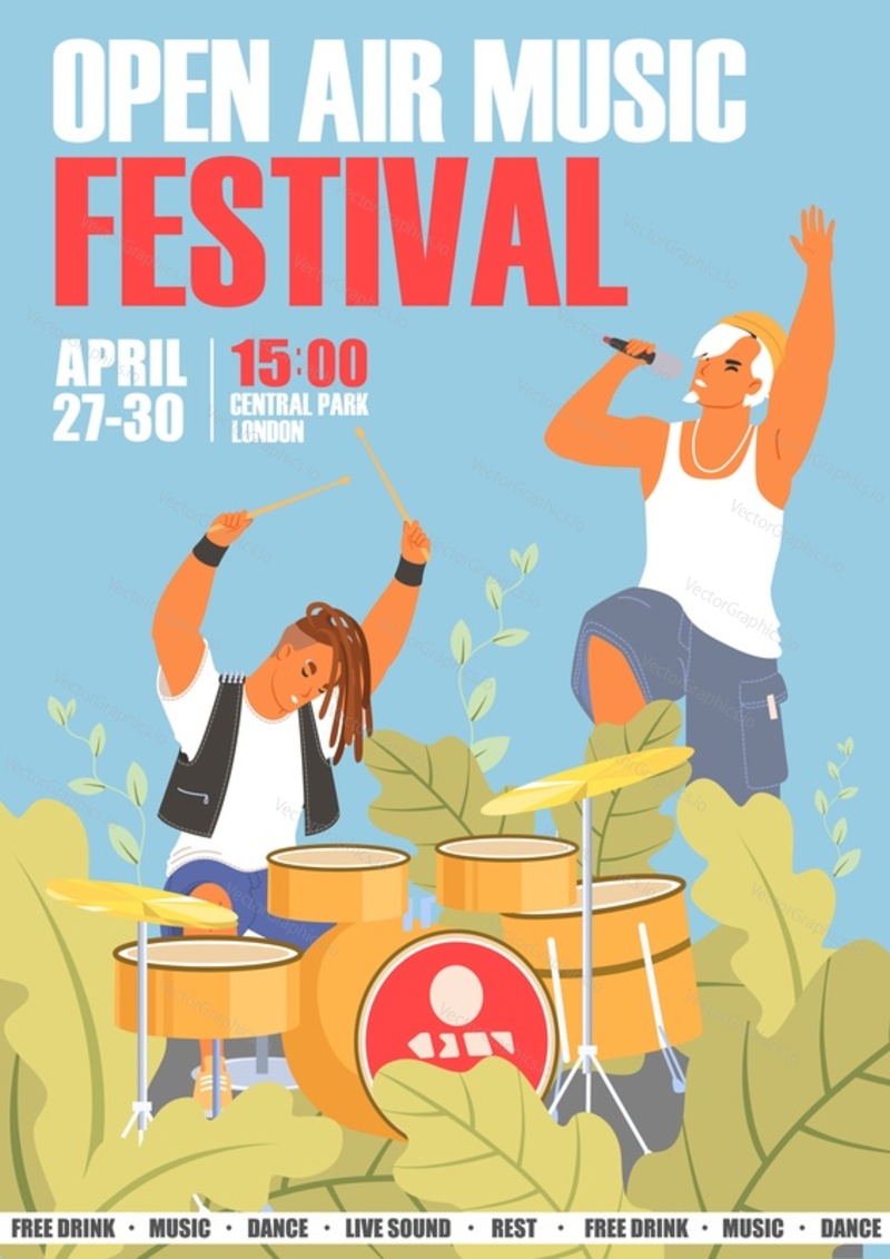 Open air music festival outdoor concert activity advertising banner. Rock band with drum set player and singer giving public performance event vector illustration