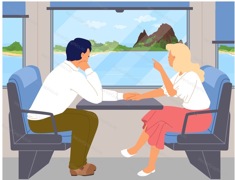 Happy loving couple cartoon characters traveling in train vector illustration. Young man and woman enjoying subway trip looking through window sitting inside comfortable rail transport