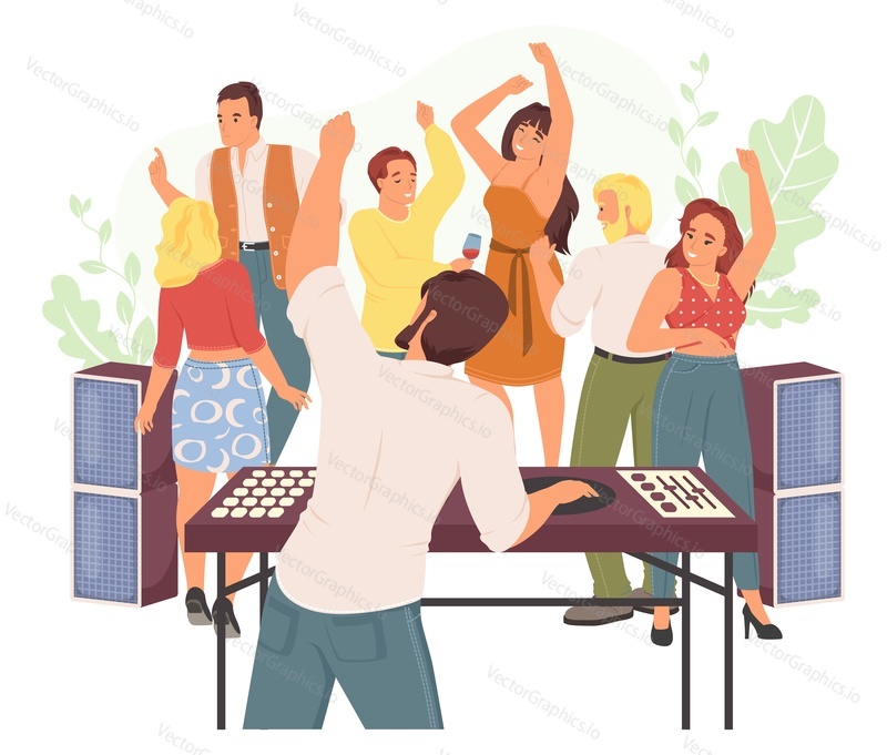 Dj party for students cartoon vector illustration. Happy friends dancing listening to trendy electronic techno music. Disk jockey mixing tracks on turntable equipment. Discotheque concept