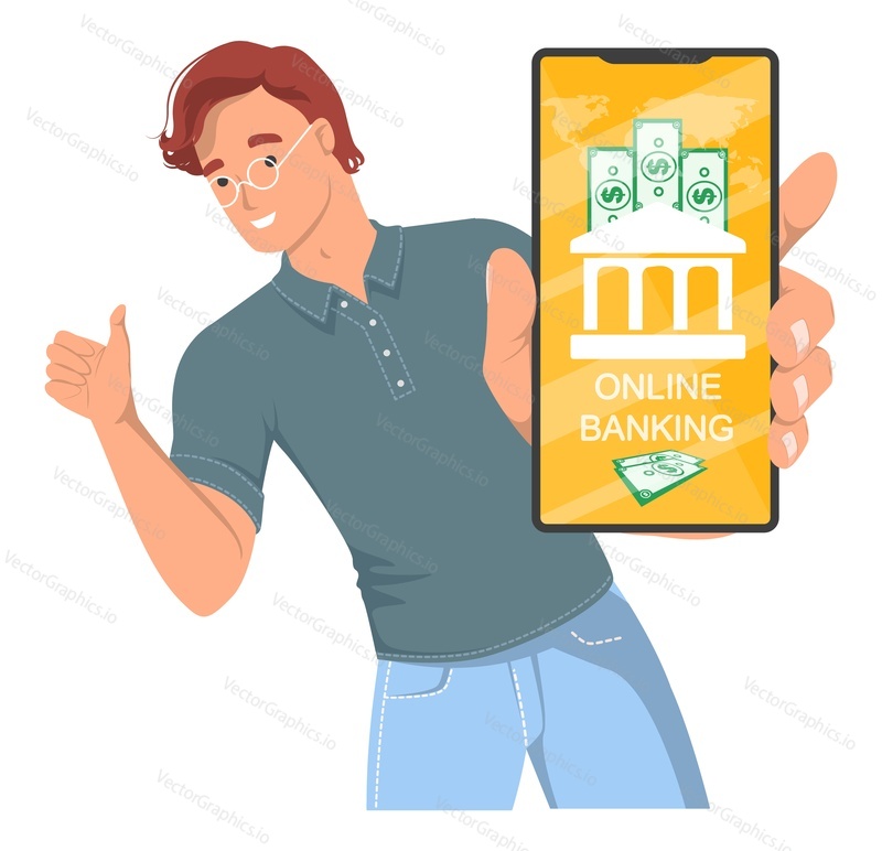 Bank account mobile app for payment and money transfer. Happy man user holding smartphone in hand recommending digital virtual electronic wallet banking application vector illustration