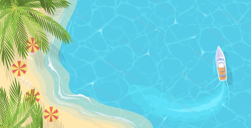 Summer beach top view cartoon vector illustration. Nature paradise, touristic seaside luxury resort and marine travel