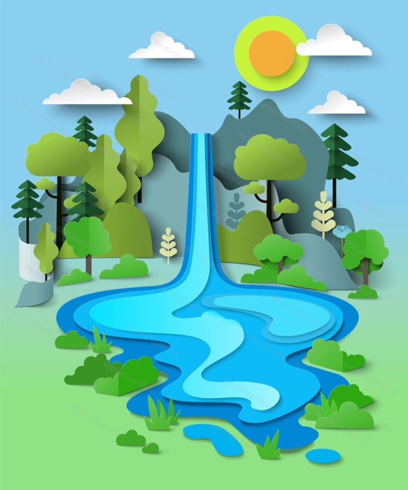 Enchanted waterfall flowing from mountain cliff over forest landscape papercut vector illustration. Fantasy stream, travel scenic and wild oasis panorama concept