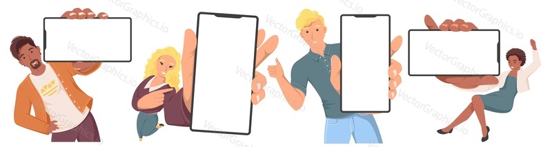 Diverse happy people with blank smartphone displays set isolated on white background. Male female characters showing empty mobile phone screen mockups vector illustration