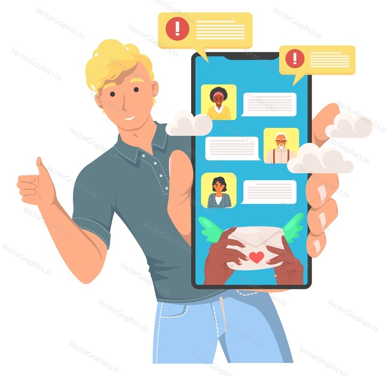 Man user advertising smartphone trendy messenger presenting new application for chatting with friends vector illustration