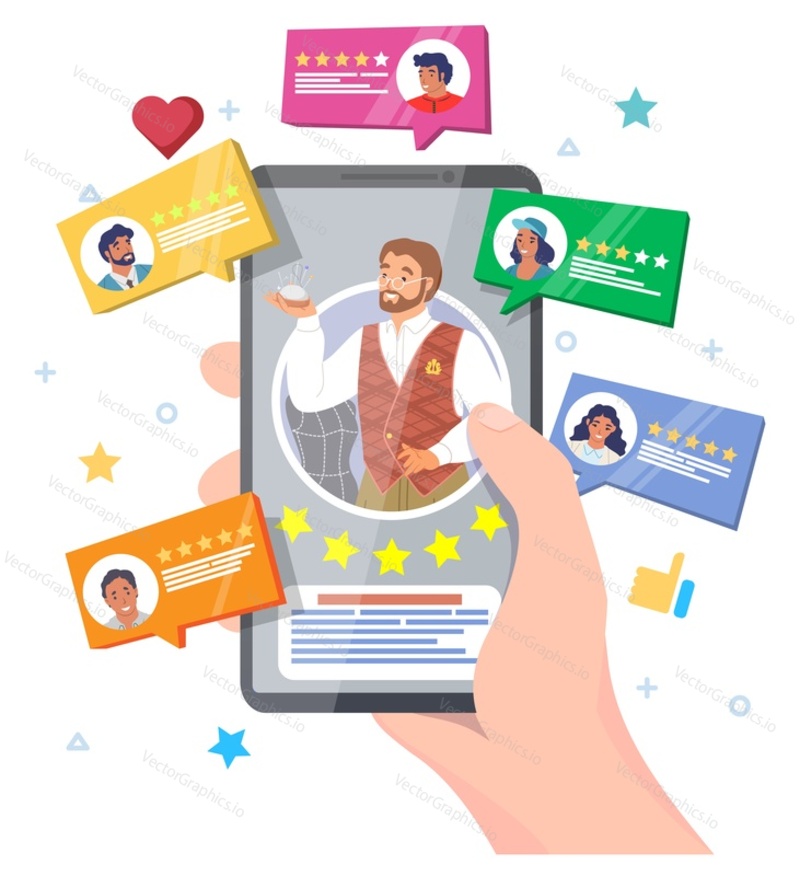 Tailor service mobile ranking aplikace vektorové ilustrace. Nejlepší volba zákazníka, pozitivní hodnocení klienta, koncepce stavu spokojenosti