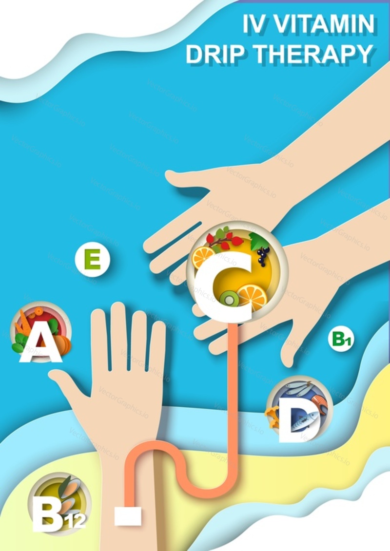 Векторная иллюстрация медикаментозной терапии с внутривенной капельной инфузией витамина. Внутривенная инъекция питательной сыворотки для лечения людей