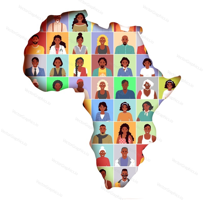 Různé muž a žena cartoon lidé postavy portrét vektorové ilustrace. Různorodá Afro komunita na africkém kontinentu