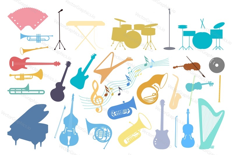 Colorful musical instruments and music notes silhouette vector illustration set. Collection of different orchestra equipment in flat style
