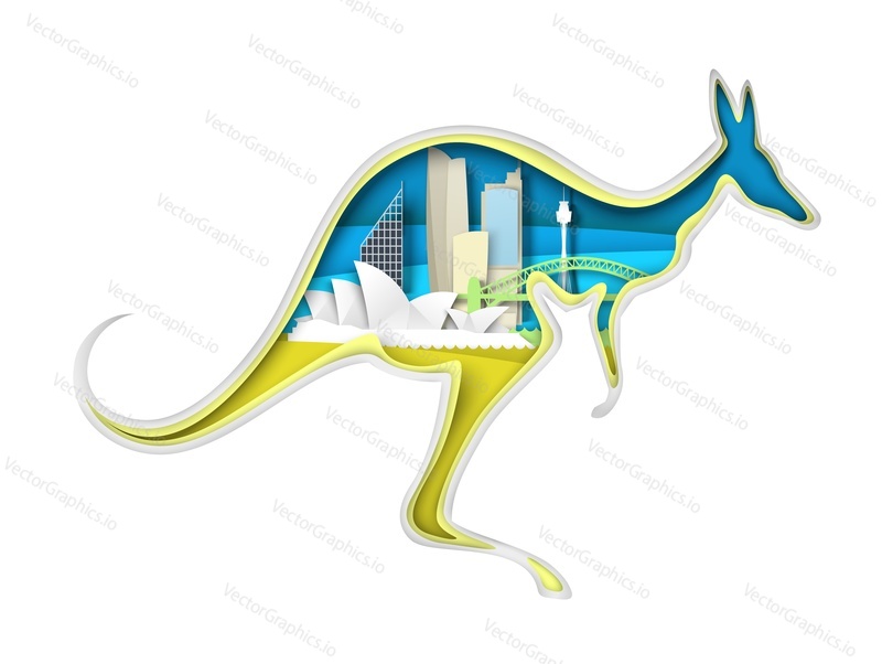 Craft papercut kangaroo s Panoráma města Sydney slavné architektury cestovní plakát nebo dobrodružná pohlednice. Cestovní ruch a architektura attraction visit concept