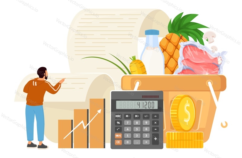 Векторная иллюстрация роста стоимости продуктов питания и жизни. Корзина продуктов, калькулятор, клиент, просматривающий счет-фактуру и увеличивающуюся графическую диаграмму, мультяшная сцена