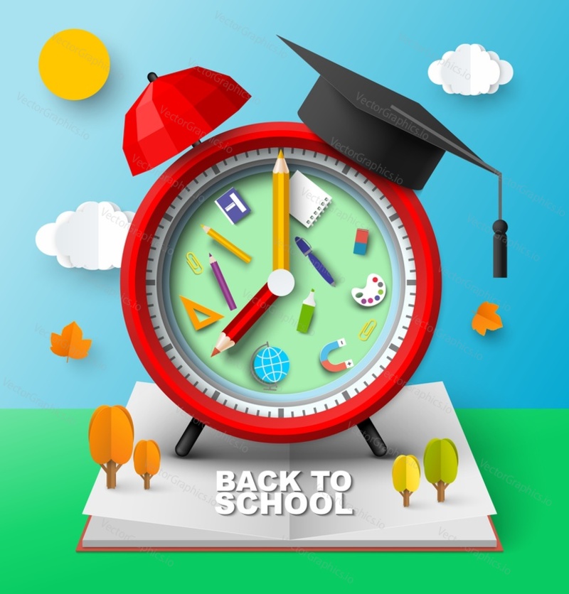 Back to school papercut background with alarm clock and academic hat. Creative craft art poster with education supplies and graduation cap vector illustration. Knowledge day concept