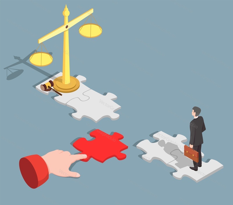 Path to fair justice vector illustration design element. Business man walking through way made from puzzle pieces. Professional decision, trust and fairness