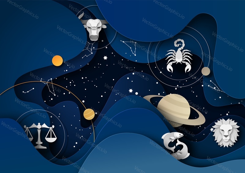 Astrologie horoskop magie vesmír papercut pozadí. Planeta s hvězdnou noční oblohou, Beran, váhy, býk, Štír, Rakovina esoterické znamení vektorové ilustrace. Koncept věštění a predikce