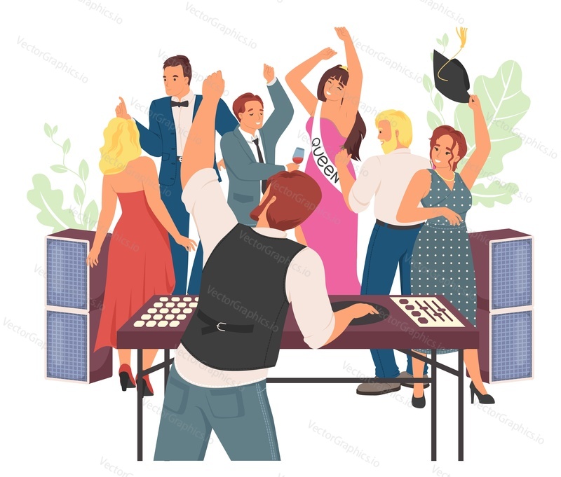 Dj prom party club vector background with happy people dancing illustration. Male disk jockey playing jockey mixing disco music tacks for clubbing group of man and woman